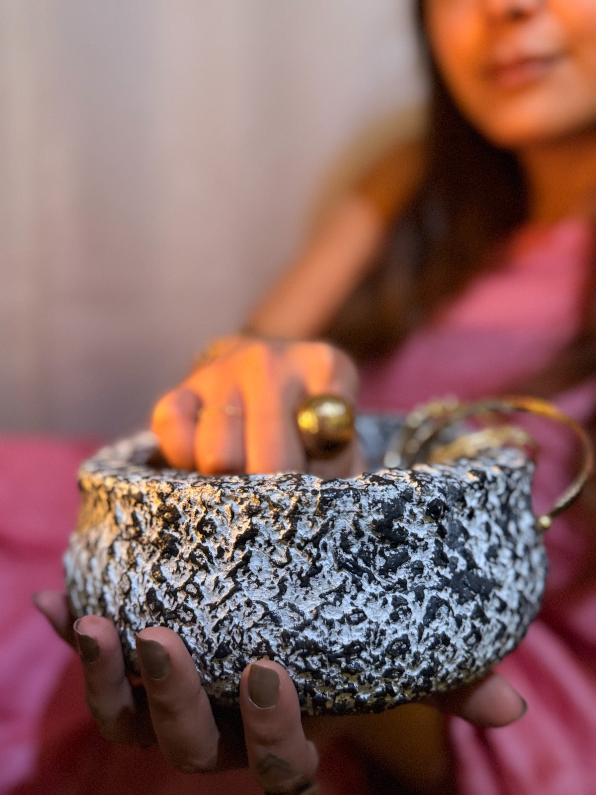 Ekrish Sculpted Bowl – Black & White Mycelium Textured Vessel (BDx 601)