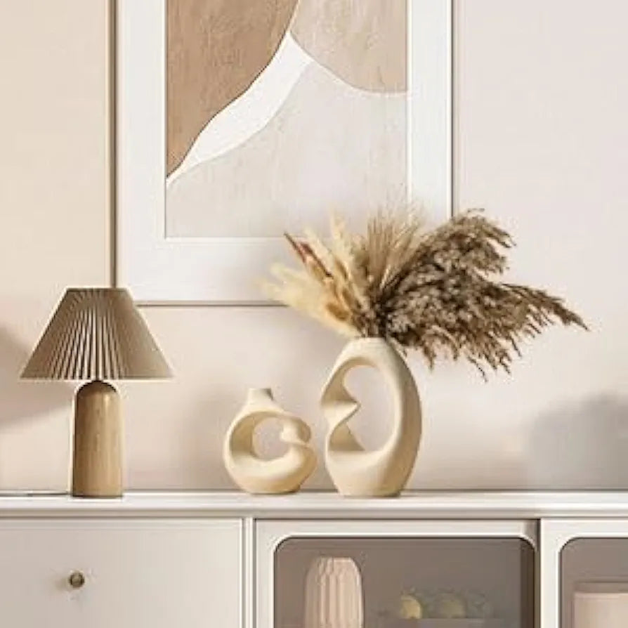 PUREZENTO Unique White Ceramic Donut Vase 8.5 & 5.7 Inch - Set of 2 | Decorative Donut Vase for Dried Flowers & Pampas Grass | Vases for Modern Home Decor, Living Room, Office Decor Ideas