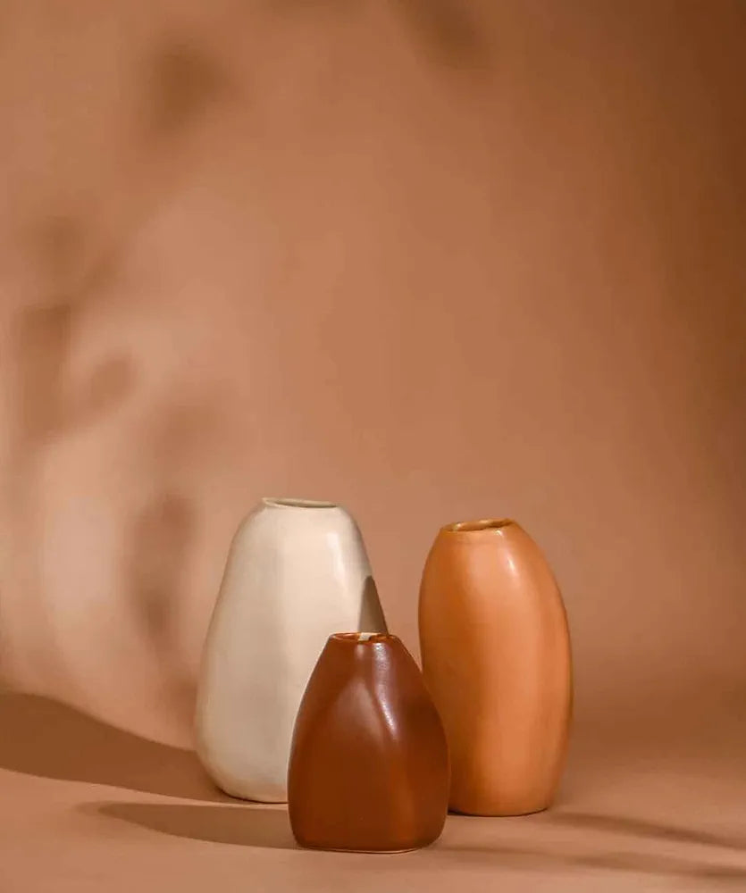 PUREZENTO Rustic Ceramic Bud Vase - Set of 3 | Centerpiece & Showpiece for Home Decor, Living Room, Bookshelf & Tabletop Styling | Decorative Vase for Pampas Grass, Dried & Artificial Flowers
