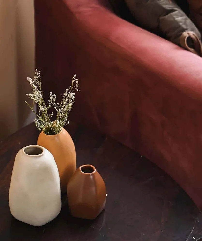 PUREZENTO Rustic Ceramic Bud Vase - Set of 3 | Centerpiece & Showpiece for Home Decor, Living Room, Bookshelf & Tabletop Styling | Decorative Vase for Pampas Grass, Dried & Artificial Flowers