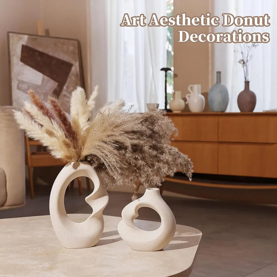 PUREZENTO Unique White Ceramic Donut Vase 8.5 & 5.7 Inch - Set of 2 | Decorative Donut Vase for Dried Flowers & Pampas Grass | Vases for Modern Home Decor, Living Room, Office Decor Ideas
