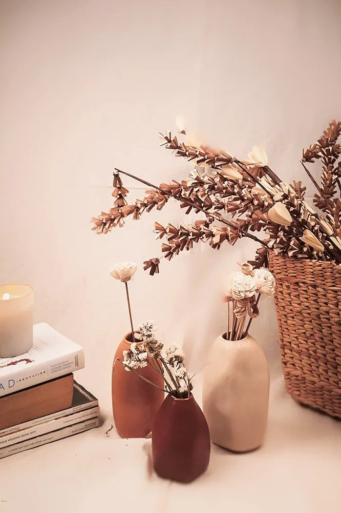 PUREZENTO Rustic Ceramic Bud Vase - Set of 3 | Centerpiece & Showpiece for Home Decor, Living Room, Bookshelf & Tabletop Styling | Decorative Vase for Pampas Grass, Dried & Artificial Flowers