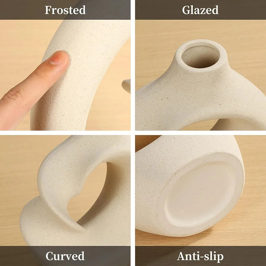 PUREZENTO Unique White Ceramic Donut Vase 8.5 & 5.7 Inch - Set of 2 | Decorative Donut Vase for Dried Flowers & Pampas Grass | Vases for Modern Home Decor, Living Room, Office Decor Ideas