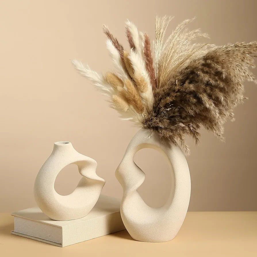 PUREZENTO Unique White Ceramic Donut Vase 8.5 & 5.7 Inch - Set of 2 | Decorative Donut Vase for Dried Flowers & Pampas Grass | Vases for Modern Home Decor, Living Room, Office Decor Ideas