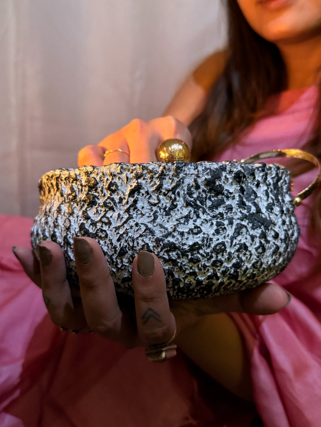 Ekrish Sculpted Bowl – Black & White Mycelium Textured Vessel (BDx 601)
